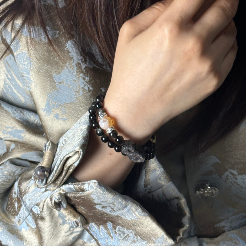 Silver Obsidian double Pixiu Bracelet
