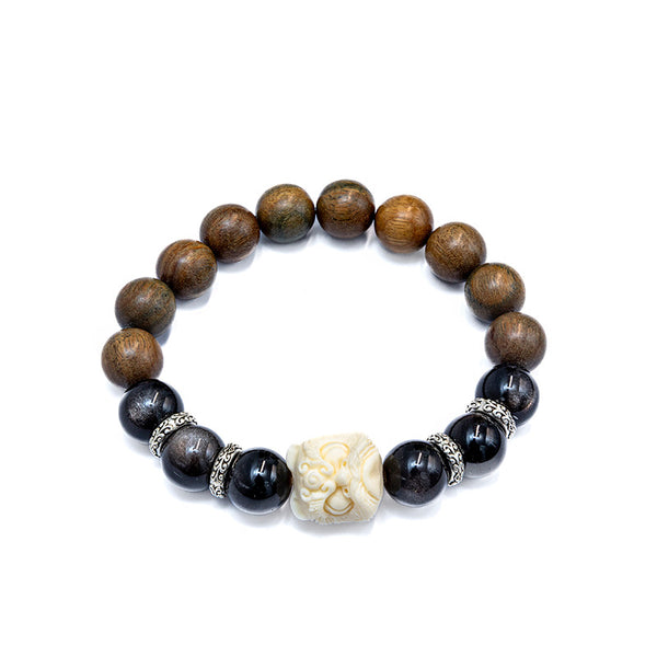 Sandalwood and Silver Obsidian Bracelet