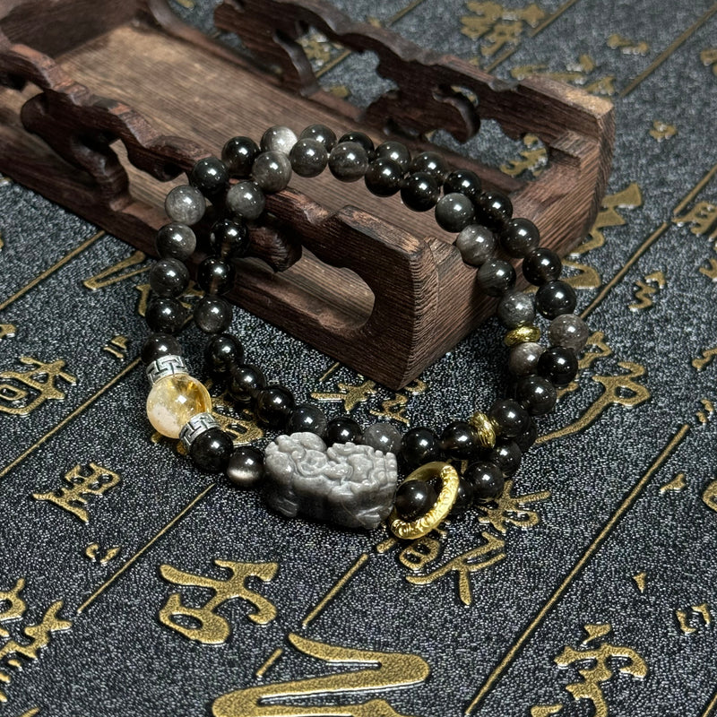 Silver Obsidian double Pixiu Bracelet