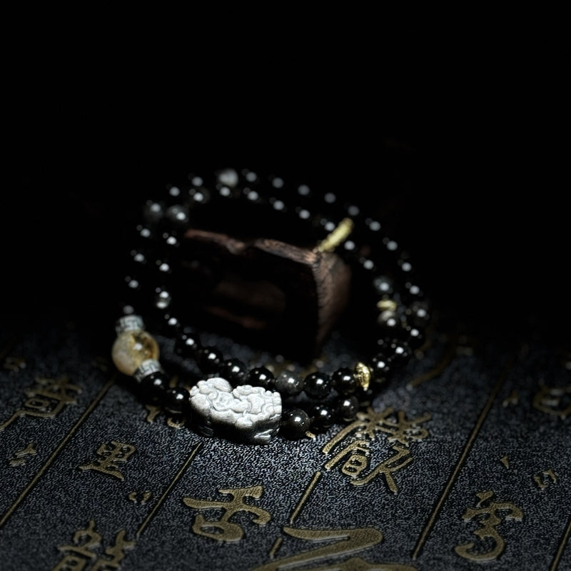 Silver Obsidian double Pixiu Bracelet