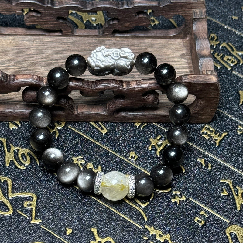 Obsidian PIXIU&Rutilated quartz bracelet