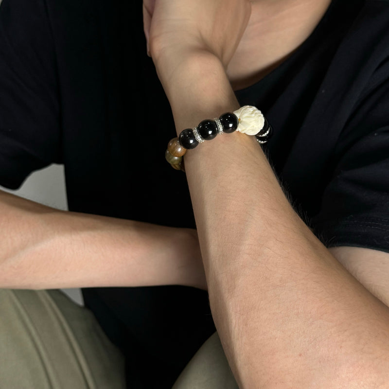 Sandalwood and Silver Obsidian Bracelet