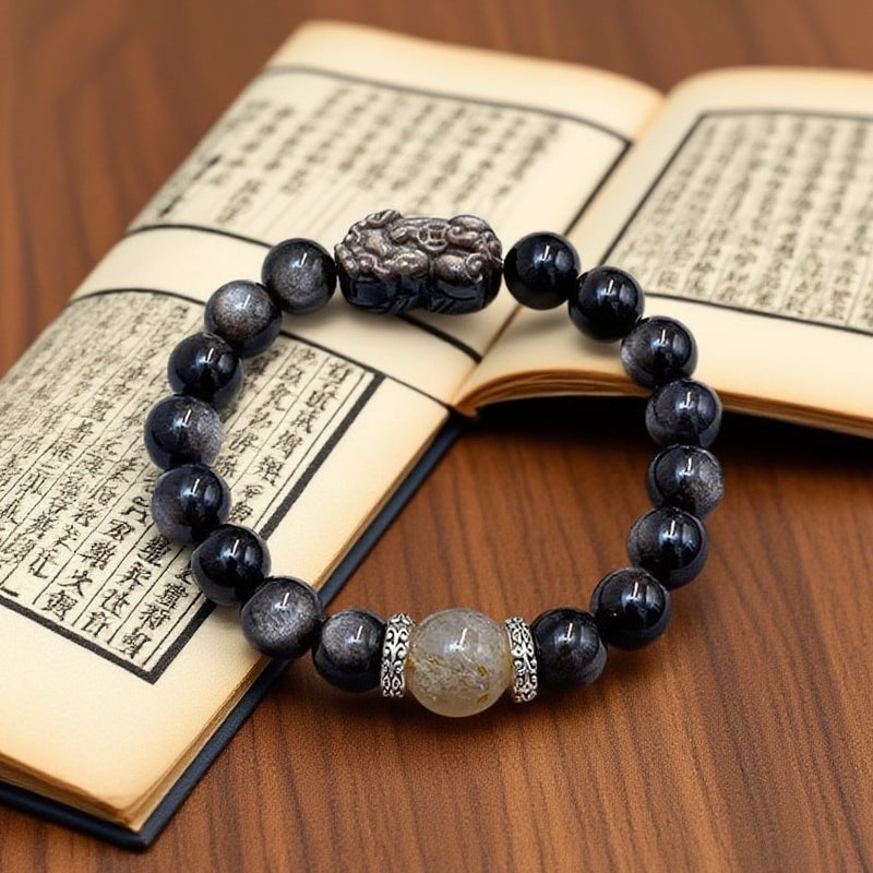 Obsidian PIXIU&Rutilated quartz bracelet