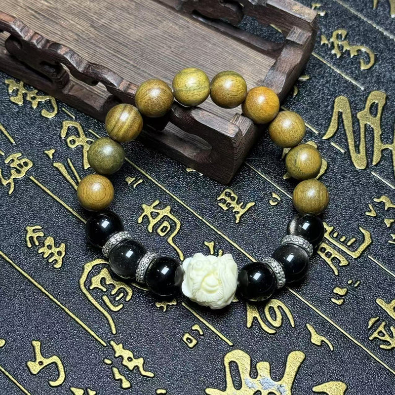 Sandalwood and Silver Obsidian Bracelet