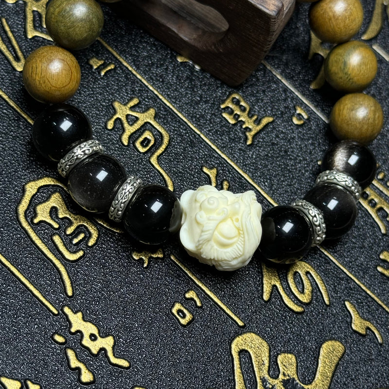 Sandalwood and Silver Obsidian Bracelet