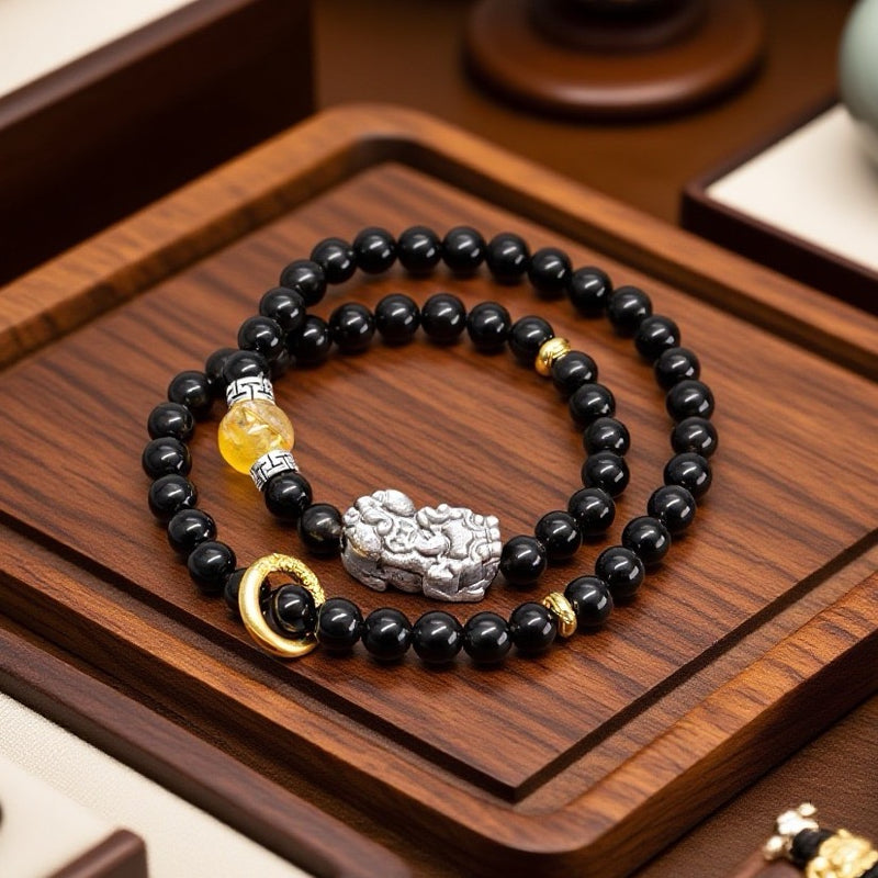 Silver Obsidian double Pixiu Bracelet