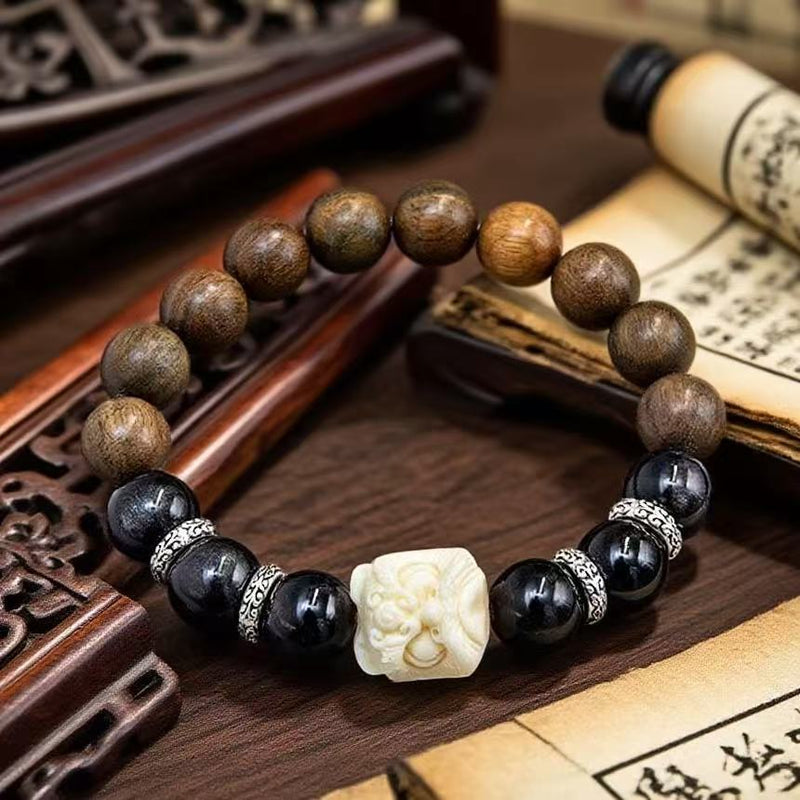 Sandalwood and Silver Obsidian Bracelet